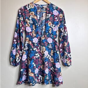Nasty Gal Plunge Neck Floral Long Sleeve Mini Dress